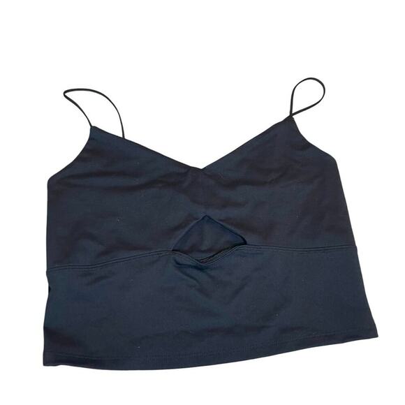 ABERCROMBIE & FITCH BLACK CROPPED TANK TOP V NECKLINE CUTOUT DETAIL CENTER SZ M - Picture 2 of 7